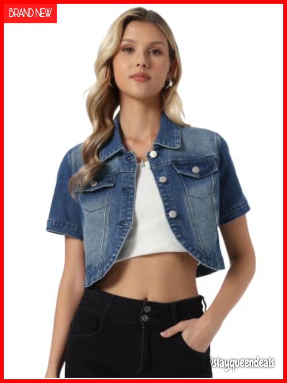 Women's Short Sleeve Crop Denim Jacket Turndown Collar Button Down Casual
